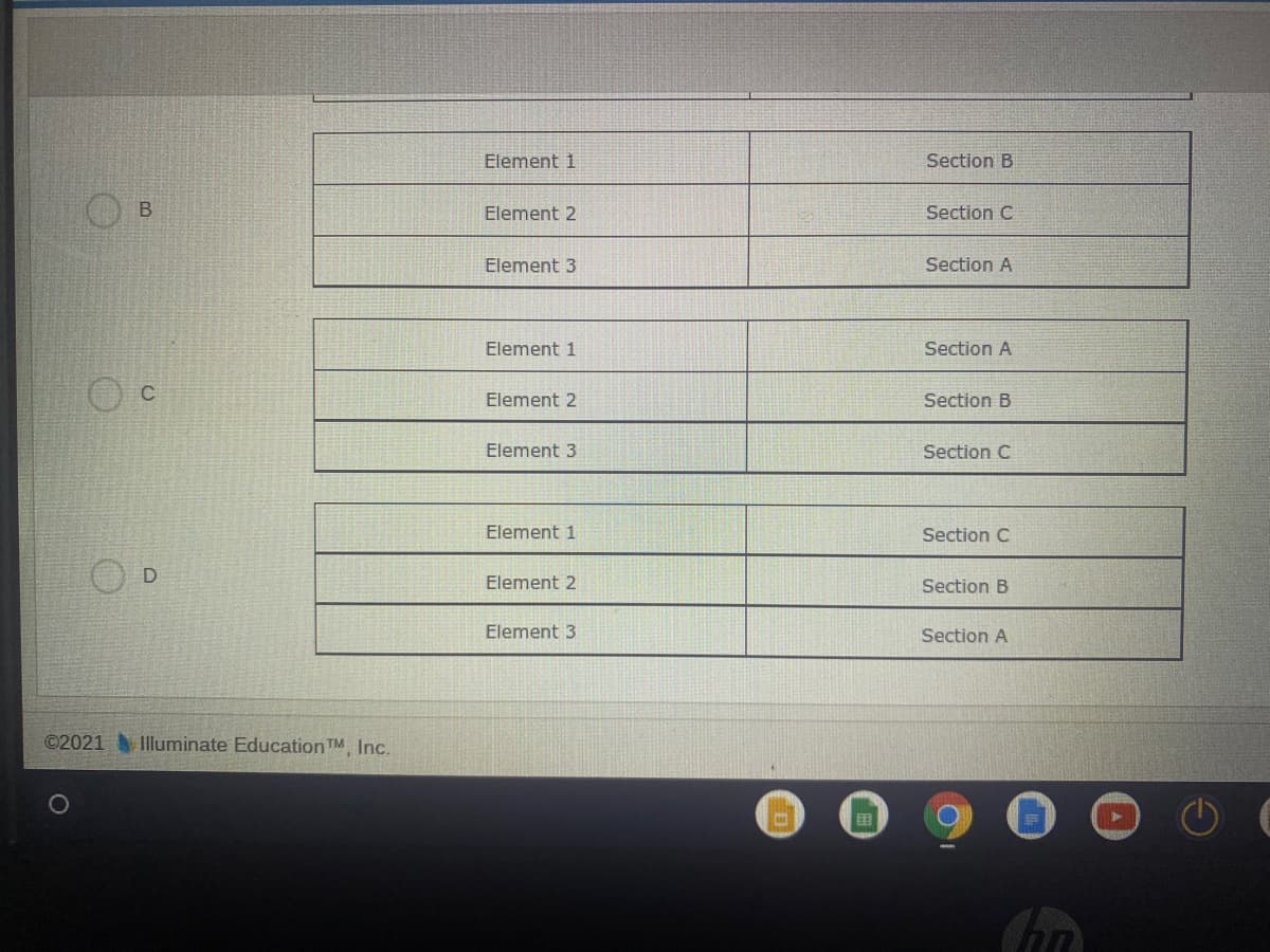 Element 1
Section B
Element 2
Section C
Element 3
Section A
Element 1
Section A
Element 2
Section B
Element 3
Section C
Element 1
Section C
Element 2
Section B
Element 3
Section A
©2021Illuminate Education TM, Inc.
