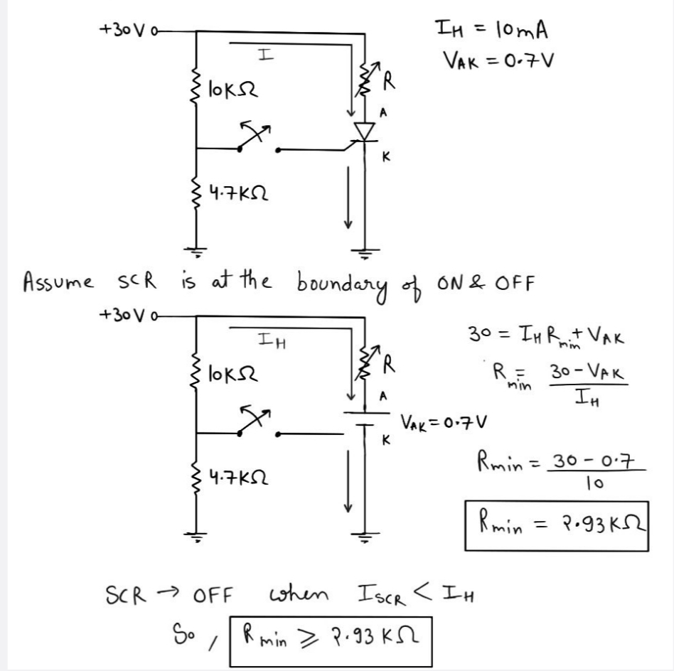 +30 Vo
loks
4.7 ΚΩ
I
loks
SCR OFF
So
Assume SCR is at the boundary of ON & OFF
+30 Vo
IH
4.7 ΚΩ
A
K
A
K
IH = 10mA
VAK = 0.7V
Rmin P.93 K
30 = IHR + VAK
R = 30-VAK
IH
min
VAK=0.7V
when ISCR < IH
Rmin = 30-07
10
P.93K
Rmin
=