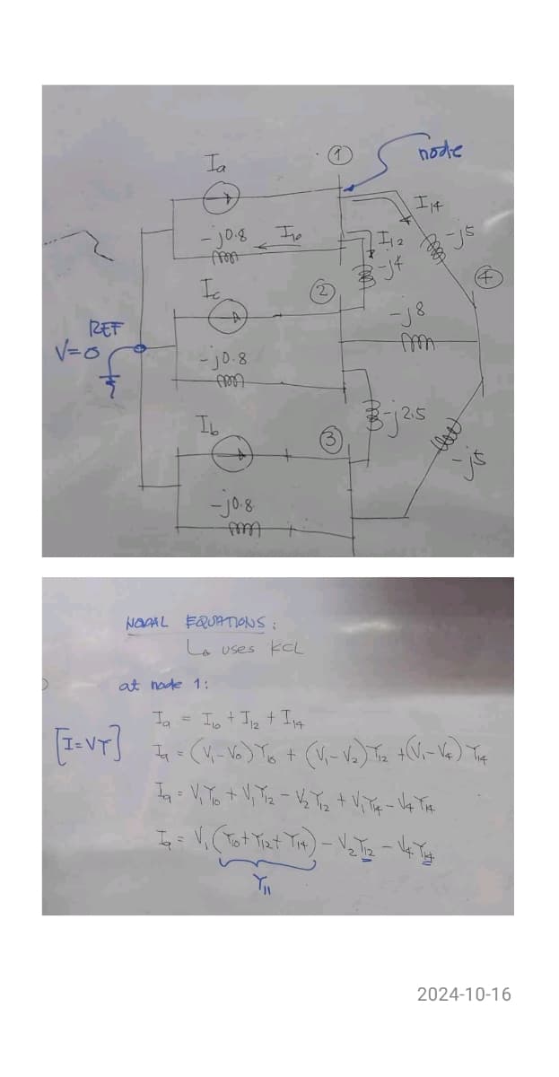 Ia
_j0.8
front
Fre
node
114
REF
√=0
す
-0.8
AMA
-jo.8
mm
-√8
m
B-j2,5
-js
NODAL EQUATIONS:
La uses KCL
at node 1:
Ia =
[I= VT] I₁ = (V₁- √6) 16 + (V₁- √3) T2 + (V₁- √6) T4
+
+
I₁ = V₁ (Tot Text T₁) - V₂ Tr₂-4
2024-10-16