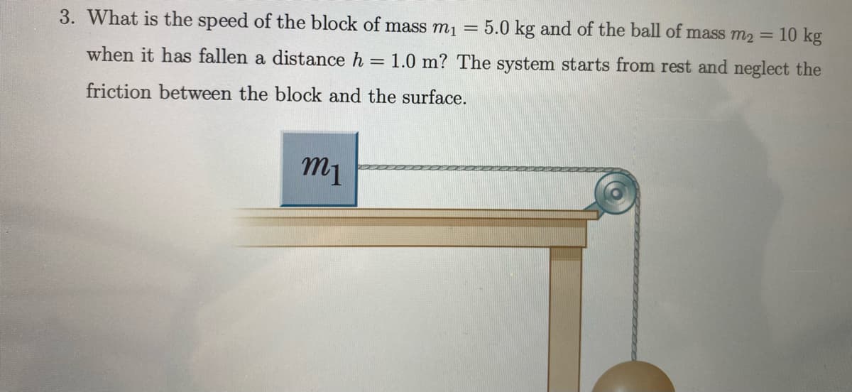 3. What is the speed of the block of mass m1
5.0 kg and of the ball of mass m2
10 kg
when it has fallen a distance h
1.0 m? The system starts from rest and neglect the
friction between the block and the surface.
