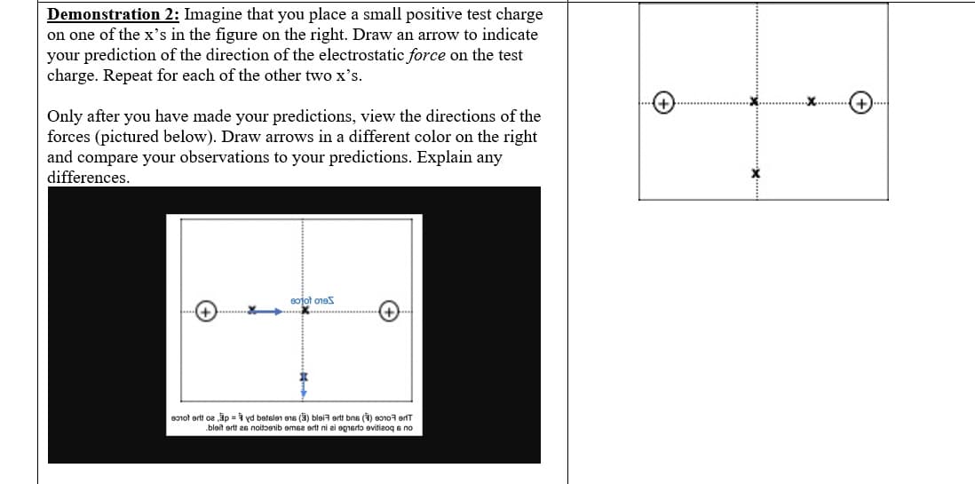 Demonstration 2: Imagine that you place a small positive test charge
on one of the x's in the figure on the right. Draw an arrow to indicate
your prediction of the direction of the electrostatic force on the test
charge. Repeat for each of the other two x's.
Only after you have made your predictions, view the directions of the
forces (pictured below). Draw arrows in a different color on the right
and compare your observations to your predictions. Explain any
differences.
sojot ones
Mar
enot ert op = yd betalen e16 (3) blei ert bns (1) 80107
bleit ert as noitenib emsa ertt ni ai egnerto evitizoq s no