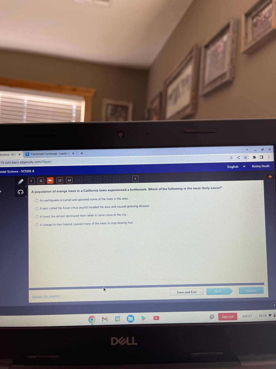 Science-SC5 x P Parchment Exchange-Leader in x
19.core.learn.edgenuity.com/Player/
ental Science - SC5181 A
11
+
13 14 15
A population of orange trees in a California town experienced a bottleneck. Which of the following is the most likely cause?
O An earthquake occurred and uprooted some of the trees in the area.
OA pest called the Asian citrus psyllid invaded the area and caused greening disease.
OA forest fire almost destroyed them when it came close to the city.
O A change to their habitat caused many of the trees to stop bearing fruit.
Unmark this question
DELL
Save and Exit
Next
<
English
10 Sign out
☆
Submit
Oct 27
19
O
X
Kinley Heath
+
10:19 A