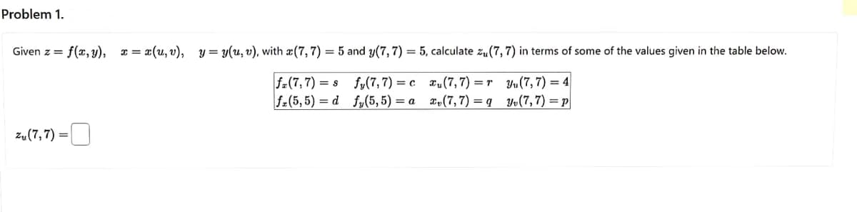 Problem 1.
Given z = f(x, y), x= x(u, v), y = y(u, v), with a(7, 7) = 5 and y(7, 7) = 5, calculate zu (7, 7) in terms of some of the values given in the table below.
fy(7,7)=c
fy(5,5) = a
(7,7)=ryu (7, 7) = 4
x₂(7,7) = q (7,7) = p
zu (7,7) =
fz (7,7) = s
fz(5,5) = d