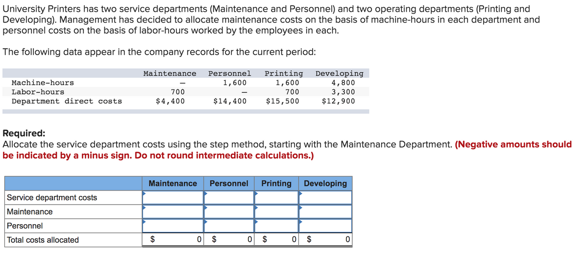 University Printers has two service departments (Maintenance and Personnel) and two operating departments (Printing and
Developing). Management has decided to allocate maintenance costs on the basis of machine-hours in each department and
personnel costs on the basis of labor-hours worked by the employees in each.
The following data appear in the company records for the current period:
Printing
1,600
Maintenance
Developing
4,800
3,300
$12,900
Personnel
Machine-hours
1,600
Labor-hours
700
700
Department direct costs
$4,400
$14,400
$15,500
Required:
Allocate the service department costs using the step method, starting with the Maintenance Department. (Negative amounts should
be indicated by a minus sign. Do not round intermediate calculations.)
Maintenance
Personnel
Printing
Developing
Service department costs
Maintenance
Personnel
Total costs allocated
$
0 $
$
$
