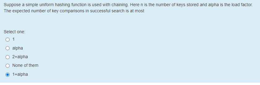 Suppose a simple uniform hashing function is used with chaining. Here n is the number of keys stored and alpha is the load factor.
The expected number of key comparisons in successful search is at most
Select one:
1
alpha
O 2+alpha
None of them
1+alpha
