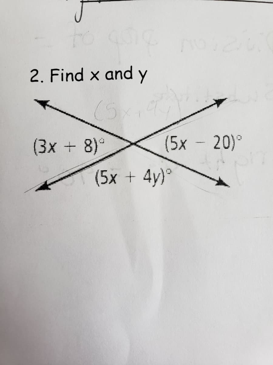 2. Find x and y
(5x)
(3x + 8)°
(5x - 20)°
(5x + 4y)°
