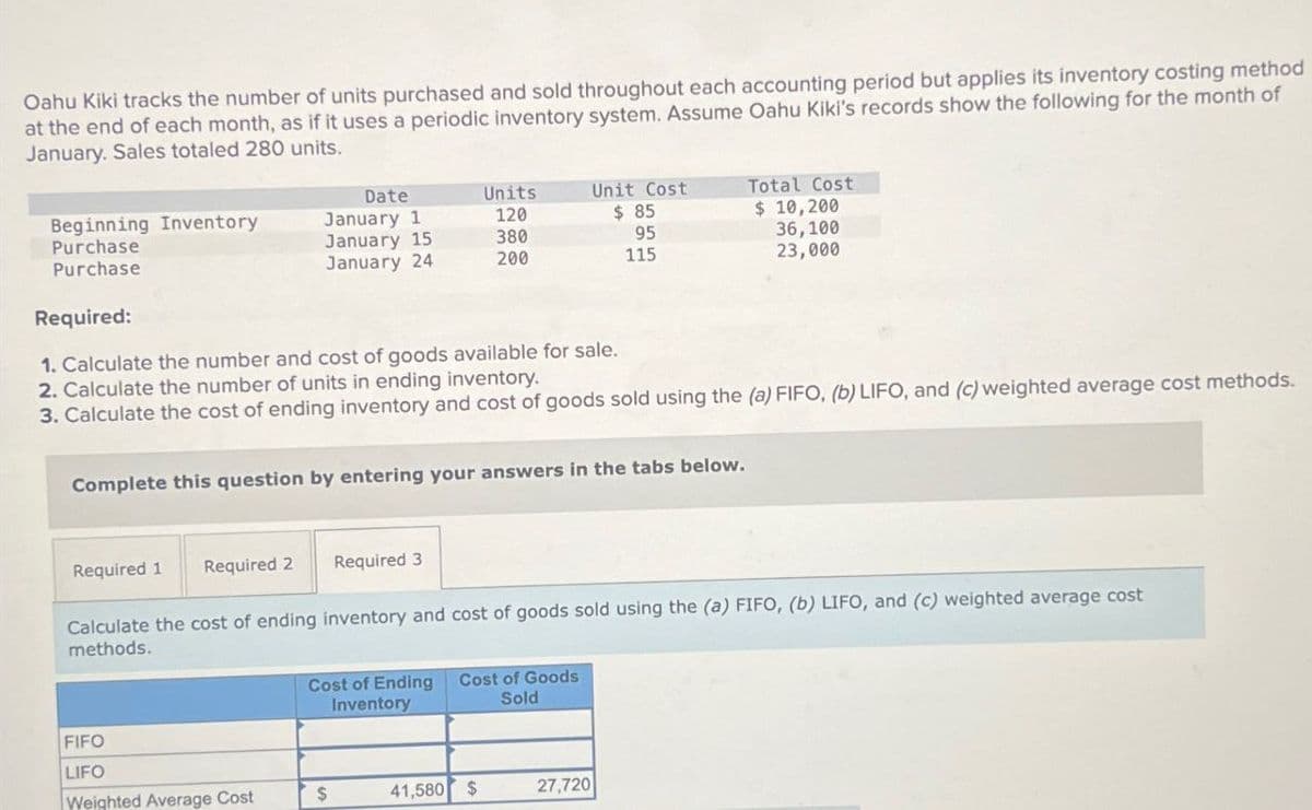 Oahu Kiki tracks the number of units purchased and sold throughout each accounting period but applies its inventory costing method
at the end of each month, as if it uses a periodic inventory system. Assume Oahu Kiki's records show the following for the month of
January. Sales totaled 280 units.
Beginning Inventory
Purchase
Purchase
Required:
Date
January 1
January 15
Units
Unit Cost
120
$ 85
Total Cost
$ 10,200
380
95
January 24
200
115
36,100
23,000
1. Calculate the number and cost of goods available for sale.
2. Calculate the number of units in ending inventory.
3. Calculate the cost of ending inventory and cost of goods sold using the (a) FIFO, (b) LIFO, and (c) weighted average cost methods.
Complete this question by entering your answers in the tabs below.
Required 1 Required 2 Required 3
Calculate the cost of ending inventory and cost of goods sold using the (a) FIFO, (b) LIFO, and (c) weighted average cost
methods.
Cost of Ending Cost of Goods
Inventory
Sold
FIFO
LIFO
Weighted Average Cost
$
41,580 $
27,720