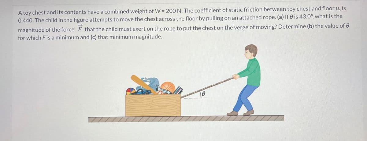 A toy chest and its contents have a combined weight of W= 200 N. The coefficient of static friction between toy chest and floor μs is
0.440. The child in the figure attempts to move the chest across the floor by pulling on an attached rope. (a) If 8 is 43.0°, what is the
magnitude of the force that the child must exert on the rope to put the chest on the verge of moving? Determine (b) the value of
for which F is a minimum and (c) that minimum magnitude.
Ꮎ