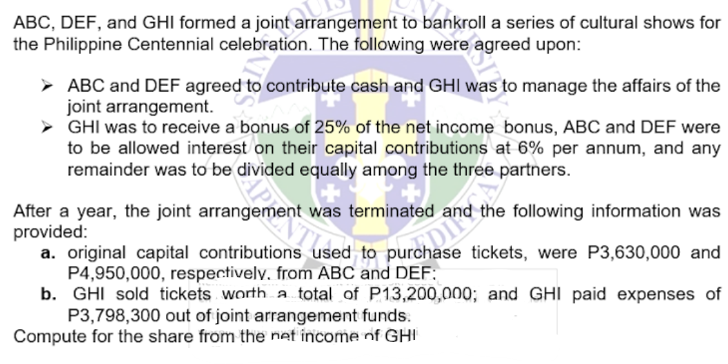 ABC, DEF, and GHI formed a joint arrangement to bankroll a series of cultural shows for
the Philippine Centennial celebration. The following were agreed upon:
➤ ABC and DEF agreed to contribute cash and GHI was to manage the affairs of the
joint arrangement.
➤ GHI was to receive a bonus of 25% of the net income bonus, ABC and DEF were
to be allowed interest on their capital contributions at 6% per annum, and any
remainder was to be divided equally among the three partners.
After a year, the joint arrangement was terminated and the following information was
provided:
a. original capital contributions used to purchase tickets, were P3,630,000 and
used to
P4,950,000, respectively. from ABC and DEF:
b. GHI sold tickets worth a total of P13,200,000; and GHI paid expenses of
P3,798,300 out of joint arrangement funds.
Compute for the share from the net income of GHI