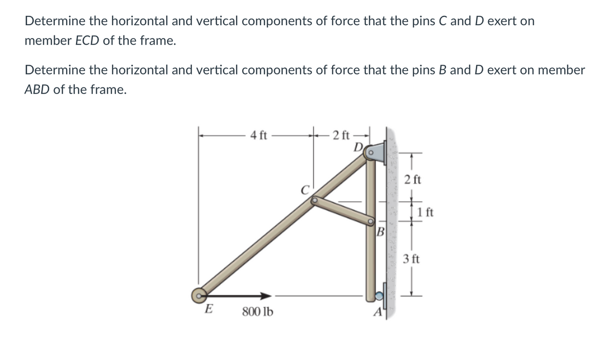 Determine the horizontal and vertical components of force that the pins C and D exert on
member ECD of the frame.
Determine the horizontal and vertical components of force that the pins B and D exert on member
ABD of the frame.
E
4 ft
800 lb
2 ft
D
B
2 ft
3 ft
H