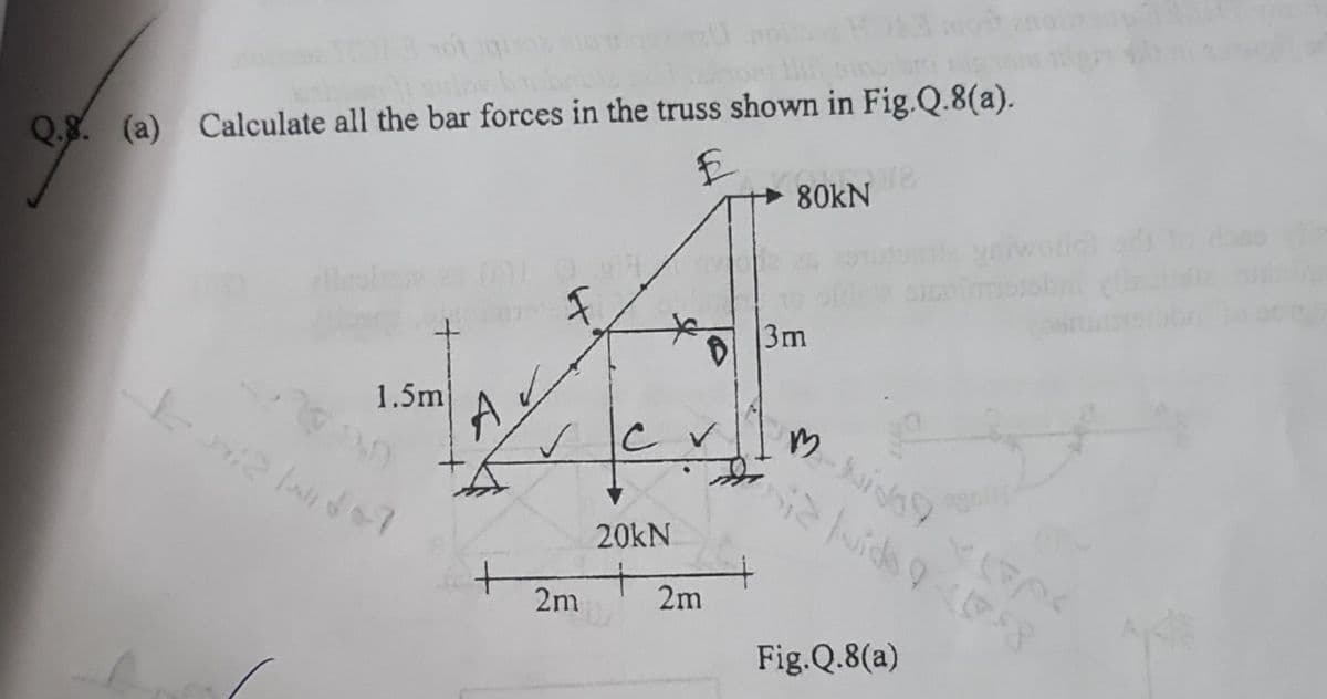 pulor bu
Q.8. (a) Calculate all the bar forces in the truss shown in Fig.Q.8(a).
£
1.5m
Elide7
A
مارے
2m
20kN
✓
2m
+80KN
3m
M-Nido?
Fig.Q.8(a)