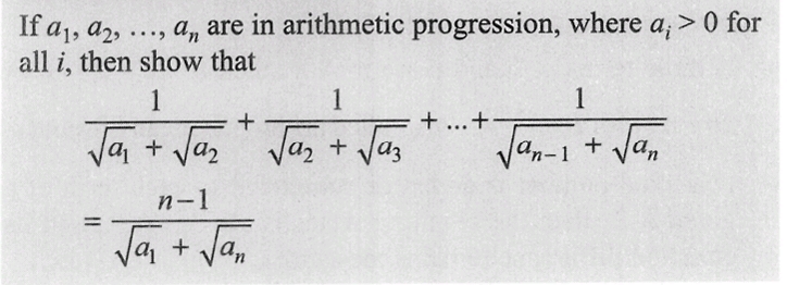 If a₁, 92,
a, are in arithmetic progression, where a > 0 for
all i, then show that
1
√a₁ + √₂
11
+
n-1
√a₁ + √an
1
√a₂ + √az
+...+
1
√an-1 + √an