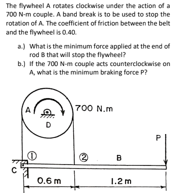 The flywheel A rotates clockwise under the action of a
700 N-m couple. A band break is to be used to stop the
rotation of A. The coefficient of friction between the belt
and the flywheel is 0.40.
a.) What is the minimum force applied at the end of
rod B that will stop the flywheel?
b.) If the 700 N-m couple acts counterclockwise on
A, what is the minimum braking force P?
700 N.m
D
B
0.6 m
1.2 m
P.
