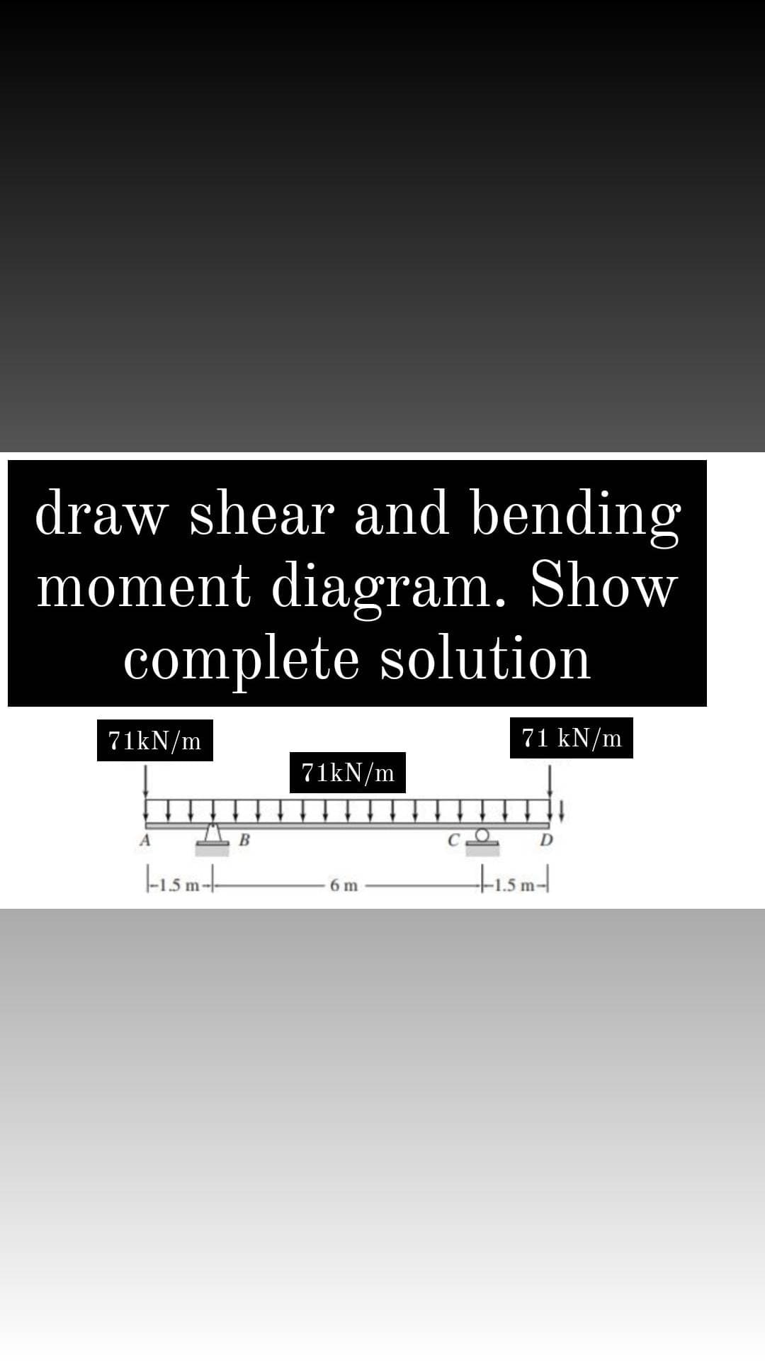 draw shear and bending
moment diagram. Show
complete solution
71kN/m
71 kN/m
71kN/m
A
6 m
-1.5m--
+1.5m-+