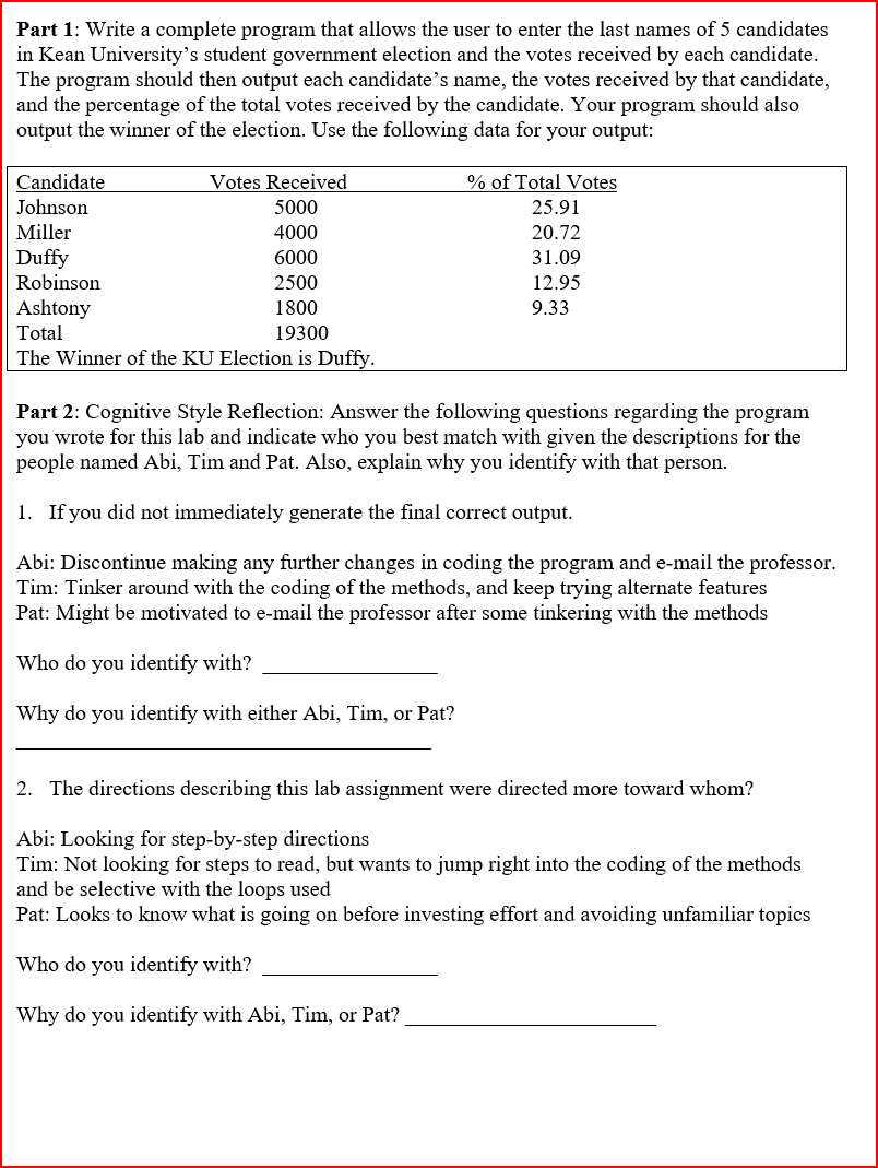 Part 1: Write a complete program that allows the user to enter the last names of 5 candidates
in Kean University's student government election and the votes received by each candidate.
The program should then output each candidate's name, the votes received by that candidate,
and the percentage of the total votes received by the candidate. Your program should also
output the winner of the election. Use the following data for your output:
Candidate
Votes Received
% of Total Votes
Johnson
5000
25.91
Miller
4000
20.72
Duffy
6000
31.09
Robinson
2500
12.95
Ashtony
1800
9.33
Total
19300
The Winner of the KU Election is Duffy.
Part 2: Cognitive Style Reflection: Answer the following questions regarding the program
you wrote for this lab and indicate who you best match with given the descriptions for the
people named Abi, Tim and Pat. Also, explain why you identify with that person.
1. If you did not immediately generate the final correct output.
Abi: Discontinue making any further changes in coding the program and e-mail the professor.
Tim: Tinker around with the coding of the methods, and keep trying alternate features
Pat: Might be motivated to e-mail the professor after some tinkering with the methods
Who do you identify with?
Why do you identify with either Abi, Tim, or Pat?
2. The directions describing this lab assignment were directed more toward whom?
Abi: Looking for step-by-step directions
Tim: Not looking for steps to read, but wants to jump right into the coding of the methods
and be selective with the loops used
Pat: Looks to know what is going on before investing effort and avoiding unfamiliar topics
Who do you identify with?
Why do you identify with Abi, Tim, or Pat?
