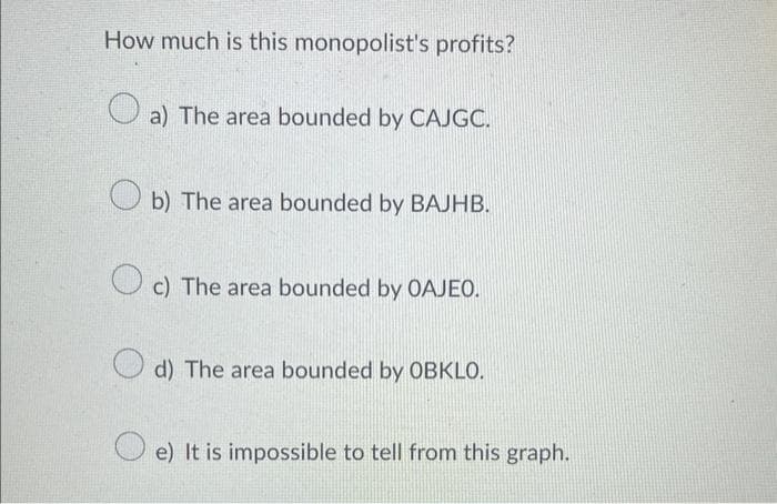 How much is this monopolist's profits?
O a) The area bounded by CAJGC.
Ob) The area bounded by BAJHB.
c) The area bounded by OAJEO.
d) The area bounded by OBKLO.
e) It is impossible to tell from this graph.