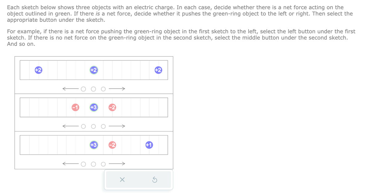 Each sketch below shows three objects with an electric charge. In each case, decide whether there is a net force acting on the
object outlined in green. If there is a net force, decide whether it pushes the green-ring object to the left or right. Then select the
appropriate button under the sketch.
For example, if there is a net force pushing the green-ring object in the first sketch to the left, select the left button under the first
sketch. If there is no net force on the green-ring object in the second sketch, select the middle button under the second sketch.
And so on.
+2
+2
+3
+3
X
+1
+2