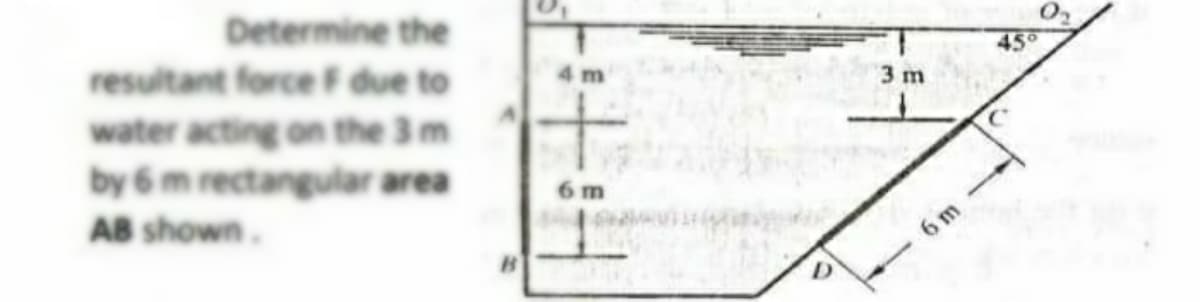 Determine the
resultant force F due to
water acting on the 3 m
by 6 m rectangular area
AB shown.
4 m
6m
D
3 m
6 m
45°