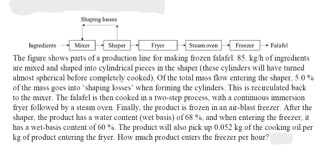 Shaping losses
Ingredients
Mixer
Shaper
Fryer
Steam oven
Freezer
The figure shows parts of a production line for making frozen falafel. 85. kg/h of ingredients
are mixed and shaped into cylindrical pieces in the shaper (these cylinders will have turned
almost spherical before completely cooked). Of the total mass flow entering the shaper, 5.0 %
of the mass goes into 'shaping losses' when forming the cylinders. This is recirculated back
to the mixer. The falafel is then cooked in a two-step process, with a continuous immersion
fryer followed by a steam oven. Finally, the product is frozen in an air-blast freezer. After the
shaper, the product has a water content (wet basis) of 68 %, and when entering the freezer, it
has a wet-basis content of 60 %. The product will also pick up 0.052 kg of the cooking oil per
kg of product entering the fryer. How much product enters the freezer per hour?
Falafel