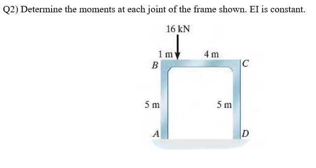 Q2) Determine the moments at each joint of the frame shown. EI is constant.
16 KN
1 my
B
5 m
A
4 m
5 m
C
D