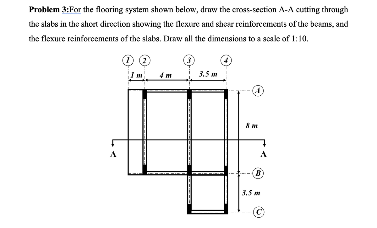 Problem 3:For the flooring system shown below, draw the cross-section A-A cutting through
the slabs in the short direction showing the flexure and shear reinforcements of the beams, and
the flexure reinforcements of the slabs. Draw all the dimensions to a scale of 1:10.
A
1
2
1 m
4 m
3
3.5 m
4
A
8 m
A
B
3.5 m
(C)