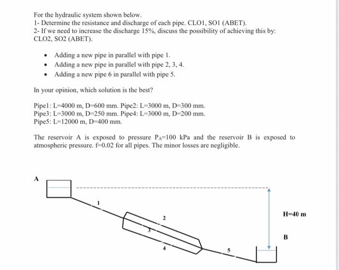 For the hydraulic system shown below.
1- Determine the resistance and discharge of each pipe. CLO1, SO1 (ABET).
2- If we need to increase the discharge 15%, discuss the possibility of achieving this by:
CLO2, SO2 (ABET).
• Adding a new pipe in parallel with pipe 1.
• Adding a new pipe in parallel with pipe 2, 3, 4.
• Adding a new pipe 6 in parallel with pipe 5.
In your opinion, which solution is the best?
Pipel: L-4000 m, D-600 mm. Pipe2: L=3000 m, D-300 mm.
Pipe3: L=3000 m, D-250 mm. Pipe4: L=3000 m, D-200 mm.
Pipe5: L=12000 m, D-400 mm.
The reservoir A is exposed to pressure PA-100 kPa and the reservoir B is exposed to
atmospheric pressure. f-0.02 for all pipes. The minor losses are negligible.
H=40 m
B
2.
