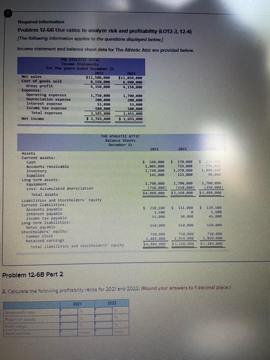 Required Information
Problem 12-6B Use ratios to analyze risk and profitablity (LO12-3, 12-4)
(The following information applies to the questions displayed below.]
Income statement and balance sheet data for The Athletic Attic are provided below.
THE ATHLETIC ATTIC
Incore Statements
For the years ended December 31
2022
$12,500,800
8,150,eee
4,350,000
2021
Not sales
Cost of goods sold
Gross profit
Expenses:
Operating cxpenses
Depreciation expense
Interest expense
Income tax expense
Total expenses
$11,e5e,000
6,900,000
4,150,000
1,750,000
200,e00
55,000
588, 000
2,585,000
1,700,000
200,800
55,000
500,000
2,455,000
$ 1,695,00e
Net income
$ 1,765,000
THE ATHLETIC ATTIC
Balance Sheets
December 31
2022
2021
20z0
Assets
Current assets:
0
Cash
Accounts receivable
Inventory
Supplics
Long term assets:
Equipment
Less: Accumulated depreciation
178,000
755,000
1,370,00e
115,000
234,000
775,000
1,040,eee
90,000
240,000
1,005,eee
1,740,000
145,000
1,700,000
(750,000)
$4,080,000
1,700,e00
(550,000)
$3,560,000
1,700,000
(358,000
$3,489,000
Total asscts
Liabilitics and Stockholders Equity
Current liabilitics:
Accounts payable
Interest payable
Income tax payable
Long term liabilities:
Notes payable
Stockholders' equity:
151,000
219,500
5,500
55, 000
139,500
5,500
45,000
5e,000
650,000
650,000
650,000
Common stock
Retained carnings
Total liabilıtics and stockholders equity
750,000
2,401.000
$4, 080,000
750,000
1,959,000
750,000
1,899 e00
$3,560,000
$3,489,00
Problem 12-6B Part 2
2. Colculote the following profitability retios for 2021 end 2022: (Round your answers to 1 decimal place.)
2021
2022
Gross oro tio
Reluri on se
Profsmargn
