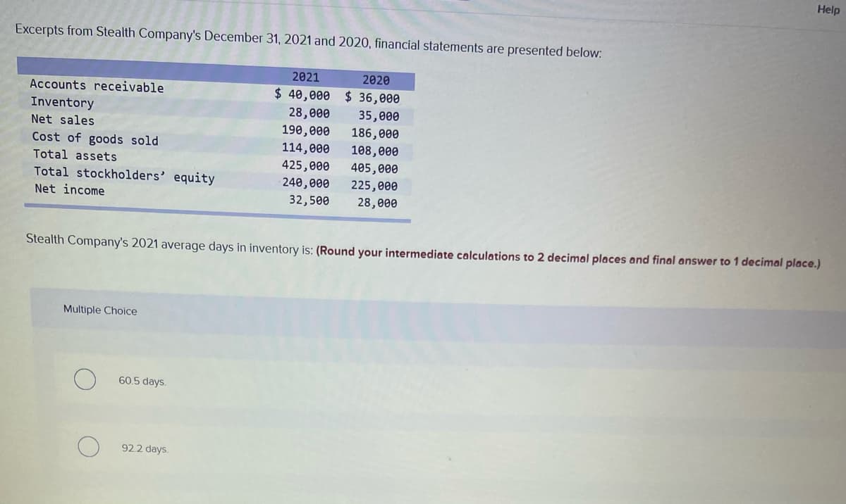 Help
Excerpts from Stealth Company's December 31, 2021 and 2020, financial statements are presented below:
2021
2020
Accounts receivable
$ 40,000 $ 36,000
Inventory
28,000
35,000
Net sales
190,000
186,000
Cost of goods sold
114,000
108,000
Total assets
425,000
405,000
Total stockholders' equity
240,000
225,000
Net income
32,500
28,000
Stealth Company's 2021 average days in inventory is: (Round your intermediate calculations to 2 decimal places and final answer to 1 decimal place.)
Multiple Choice
60.5 days.
92.2 days.
