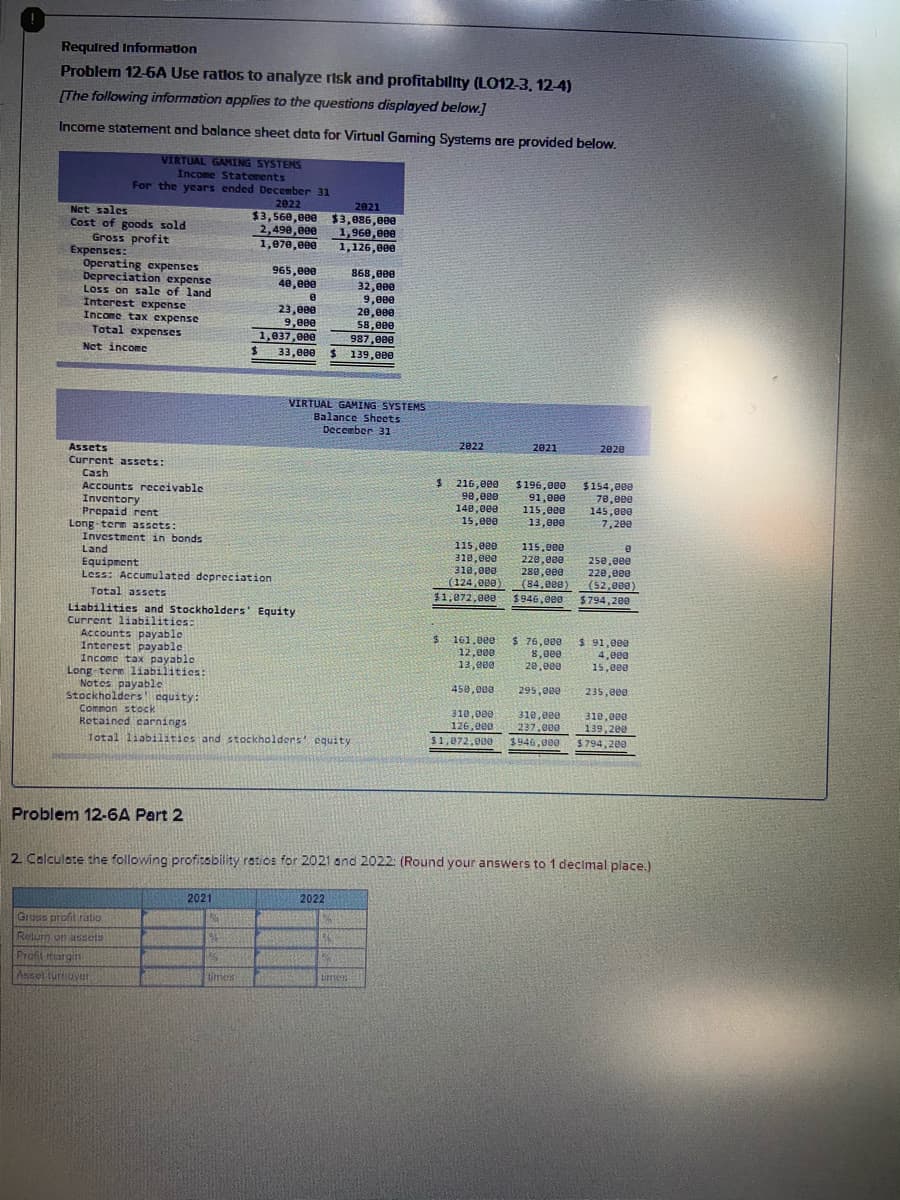 Required Information
Problem 12-6A Use ratios to analyze risk and profitability (LO12-3, 12-4)
(The following information applies to the questions displayed below.]
Income staternent and balance sheet data for Virtual Gaming Systems are provided below.
VIRTUAL GAMING SYSTEMS
Income Statenents
For the years ended December 31
2022
$3,560,e00 $3,886,e00
2,490,eee
1,870, eee
2021
Net sales
Cost of goods sold
Gross profit
Expenses:
Operating expenses
Depreciation expense
Loss on sale of land
Interest expense
Income tax expense
Total expenses
1,960,e0e
1,126,000
965,e0e
40,eee
868,000
32,000
9,000
20,000
58,000
23,eee
9,e00
1,837,00e
987,000
$ 139,000
Net income
%24
33,ee0
VIRTUAL GAMING SYSTEMS
Balance Sheets
December 31
2022
2021
2020
Assets
Current assets:
Cash
Accounts receivable
Inventory
Prepaid rent
Long term assets:
Investment in bonds
$ 216,000
98,e00
148,000
15,000
$196,000
91,000
115,000
13,000
$154,000
70,000
145,000
7,200
Land
Equipment
Less: Accumulated depreciation
115,eee
310,e00
310,000
(124,000)
$1,072,0e0 $946,000
115,000
220,000
280, ee0
(84,000)
250,000
220,000
(52,000)
$794,200
Total assets
Liabilities and Stockholders' Equity
Current liabilitics:
Accounts payable
Interest payable
Income tax payable
Long term liabilitics:
Notes payable
Stockholders equity:
161,0e0
12,e00
13, e00
$ 76,000
8,000
20,000
$ 91,000
4,000
15,000
450,000
295,000
235,e00
310,000
126,ee0
310,000
237.000
$946,000
Common stock
310,000
139,200
$794, 200
Retained carnings
Total liabilities and stockholders' equity
$1,072,000
Problem 12-6A Part 2
2 Calculate the following profitability ratios for 2021 and 2022: (Round your answers to 1 decimal place.)
2021
2022
Gross profit ratio
Relum on assets
Profil margin
EHcel turtiover
times
Limes
