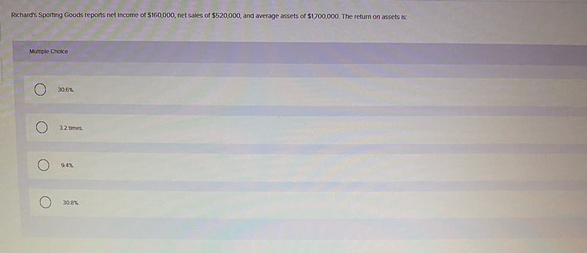 Richard's Sporting Goods reports net Income of $160,000, net sales of $520,000, and average assets of $1,700,000. The return on assets Is:
Multiple Cholce
30.6%
3.2 times.
9.4%.
30.8%
