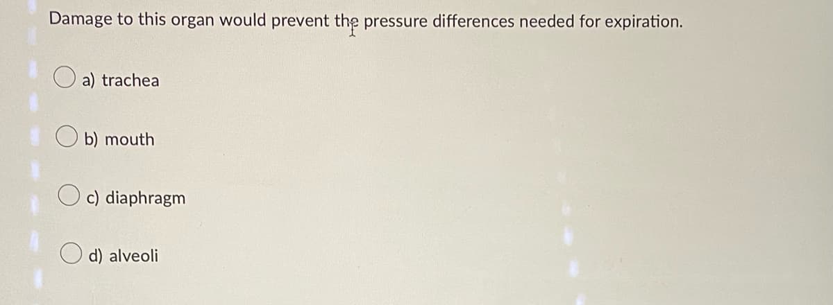 Damage to this organ would prevent the pressure differences needed for expiration.
a) trachea
Ob) mouth
c) diaphragm
d) alveoli