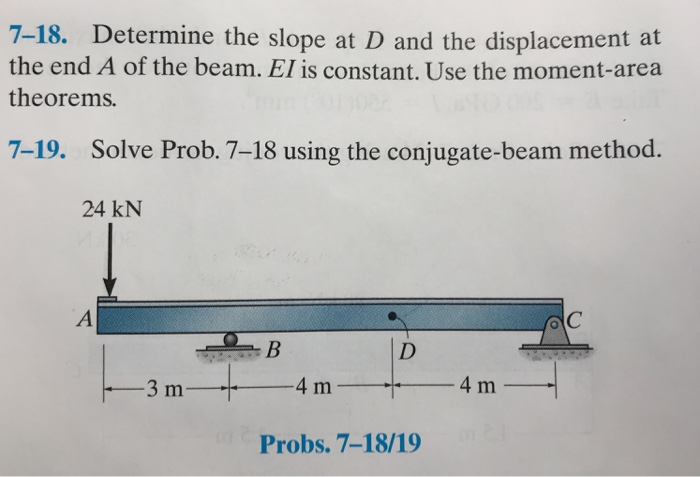 7-18. Determine the slope at D and the displacement at
the end A of the beam. El is constant. Use the moment-area
theorems.
7-19. Solve Prob. 7-18 using the conjugate-beam method.
24 KN
A
-3 m
B
-4 m
D
Probs. 7-18/19
-4 m-
C