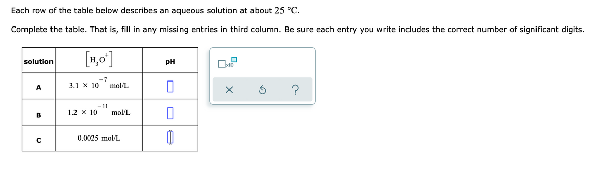 Each row of the table below describes an aqueous solution at about 25 °C.
Complete the table. That is, fill in any missing entries in third column. Be sure each entry you write includes the correct number of significant digits.
[1,0]
solution
pH
x10
-7
A
3.1 х 10
mol/L
- 11
mol/L
1.2 x 10
В
0.0025 mol/L
