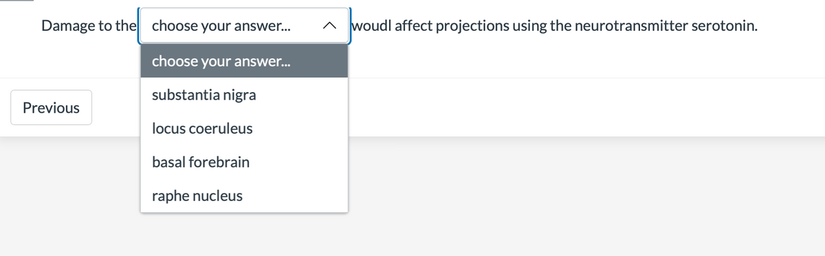 Damage to the choose your answer...
choose your answer...
substantia nigra
Previous
locus coeruleus
basal forebrain
raphe nucleus
^ woudl affect projections using the neurotransmitter serotonin.