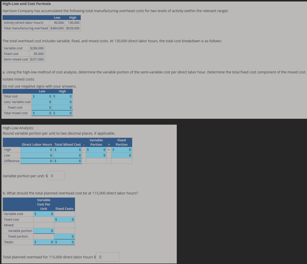 High-Low and Cost Formula
Harrison Company has accumulated the following total manufacturing overhead costs for two levels of activity (within the relevant range):
Activity (direct labor hours)
Low
High
90.000 130.000
Total manufacturing overhead $484,000 $628,000
The total overhead cost includes variable, fixed, and mixed costs. At 130,000 direct labor hours, the total cost breakdown is as follows:
Variable cost
Fixed cost
$286.000
85,000
Semi-mixed cost $257,000
a. Using the high-low method of cost analysis, determine the variable portion of the semi-variable cost per direct labor hour. Determine the total fixed cost component of the mixed cost.
Isolate mixed costs:
Do not use negative signs with your answers.
Low
High
Total cost
05
0
Less: Variable cost
0
0
Fixed cost
0
0
Total mixed cost $
05
0
High-Low Analysis:
Round variable portion per unit to two decimal places, if applicable.
Variable
Direct Labor Hours Total Mixed Cost -
Portion
Fixed
Portion
High
Low
05
o
0-5
0-5
0
0
0
0
Difference
05
0
Variable portion per unit: $ 0
b. What should the total planned overhead cost be at 115.000 direct labor hours?
Variable
Cost Per
Unit
Fixed Costs
Variable cost
$
o
Fixed cost
$
0
Mixed
Variable portion
0
Fixed portion
0
Totals
05
0
Total planned overhead for 115,000 direct labor hours $ 0