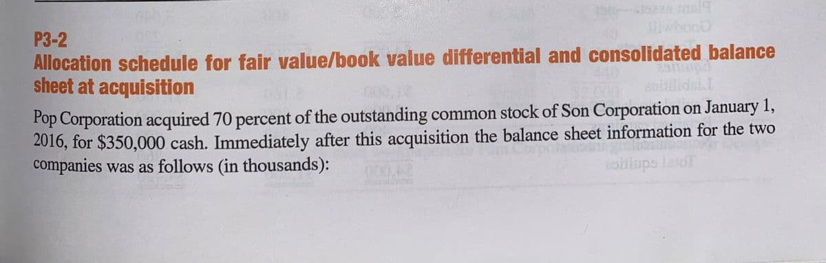 iwbooD
P3-2
Allocation schedule for fair value/book value differential and consolidated balance
sheet at acquisition
Pop Corporation acquired 70 percent of the outstanding common stock of Son Corporation on January 1,
2016, for $350,000 cash. Immediately after this acquisition the balance sheet information for the two
companies was as follows (in thousands):
000,42
oitiups loT
