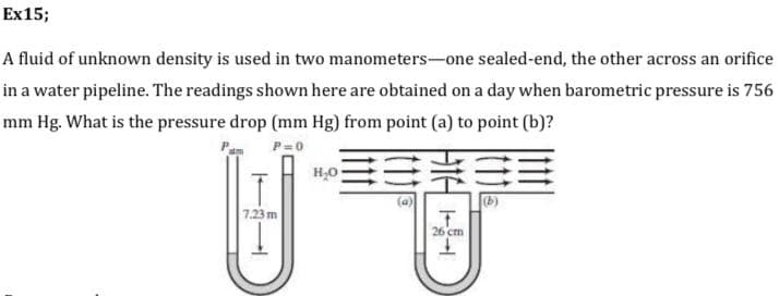 Ex15;
A fluid of unknown density is used in two manometers-one sealed-end, the other across an orifice
in a water pipeline. The readings shown here are obtained on a day when barometric pressure is 756
mm Hg. What is the pressure drop (mm Hg) from point (a) to point (b)?
Par
P=0
H;0
(b)
7.23 m
26 cm
