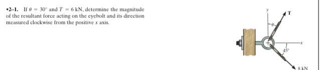 •2-1. If 0 = 30° and T = 6 kN, determine the magnitude
of the resultant force acting on the eyebolt and its direction
measured clockwise from the positive x axis.
8 kN
