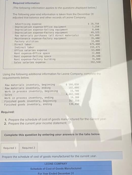 Required information
[The following information applies to the questions displayed below.]
The following year-end information is taken from the December 31
adjusted trial balance and other records of Leone Company.
Advertising expense.
Depreciation expense-Office equipment
Depreciation expense-Selling equipment
Depreciation expense-Factory equipment
Raw materials purchases (all direct materials)
Maintenance expense-Factory equipment
Factory utilities
Direct labor
Indirect labor
Office salaries expense
Rent expense-Office space
Rent expense-Selling space
Rent expense-Factory building.
Sales salaries expense.
Raw materials inventory, beginning
Raw materials inventory, ending
Work in process inventory, beginning
Sales
Using the following additional information for Leone Company, complete the
requirements below.
$ 166,850
182,000
15,700
Required 1
$ 28,750
7,250
8,600
49,325
925,000
35,400
33,000
675,480
159,475
4,462,500
19,380
167,350
136,490
Required 2
63,000
22,000
26,100
76,800
392,560
Work in process inventory, ending
Finished goods inventory, beginning
Finished goods inventory, ending
Required:
1. Prepare the schedule of cost of goods manufactured for the current year.
2. Prepare the current year income statement.
Complete this question by entering your answers in the tabs below.
Prepare the schedule of cost of goods manufactured for the current year.
LEONE COMPANY
Schedule of Cost of Goods Manufactured
For Year Ended December 31
