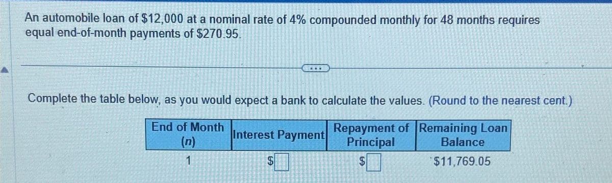 An automobile loan of $12,000 at a nominal rate of 4% compounded monthly for 48 months requires
equal end-of-month payments of $270.95.
.
Complete the table below, as you would expect a bank to calculate the values. (Round to the nearest cent.)
End of Month
(n)
1
Repayment of Remaining Loan
Principal
Balance
$
$11,769.05
Interest Payment