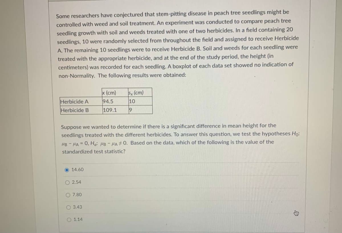 Some researchers have conjectured that stem-pitting disease in peach tree seedlings might be
controlled with weed and soil treatment. An experiment was conducted to compare peach tree
seedling growth with soil and weeds treated with one of two herbicides. In a field containing 20
seedlings, 10 were randomly selected from throughout the field and assigned to receive Herbicide
A. The remaining 10 seedlings were to receive Herbicide B. Soil and weeds for each seedling were
treated with the appropriate herbicide, and at the end of the study period, the height (in
centimeters) was recorded for each seedling. A boxplot of each data set showed no indication of
non-Normality. The following results were obtained:
x (cm)
Sx (cm)
Herbicide A
94.5
10
Herbicide B
109.1
Suppose we wanted to determine if there is a significant difference in mean height for the
seedlings treated with the different herbicides. To answer this question, we test the hypotheses Ho:
HB - HA = 0, Ho: µB - HA#0. Based on the data, which of the following is the value of the
standardized test statistic?
O 14.60
O 2.54
O 7.80
O 3.43
O 1.14
