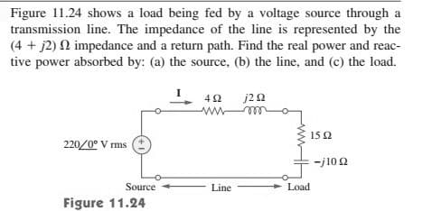 Figure 11.24 shows a load being fed by a voltage source through a
transmission line. The impedance of the line is represented by the
(4 + j2) N impedance and a return path. Find the real power and reac-
tive power absorbed by: (a) the source, (b) the line, and (c) the load.
j20
15 2
220/0° V rms
-j10 2
Source
Line
+ Load
Figure 11.24
