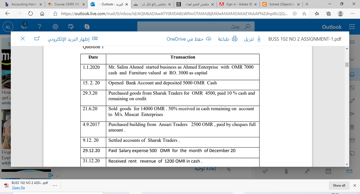 b Accounting Home x
n Course: CMPS 100 x
- Outlook - 4 I X
x ملخص رائع لكل قو
ملخص النحو اهدا=
A Sign in - Adobe ID X
C Solved: (Objective x
A https://outlook.live.com/mail/0/inbox/id/AQMkADAwATYOMDABLWRmOTAtMzBjMiOwMAltMDAKAEYAAAPNZdnp8ILQQ. O
3
AL
Outlook
لك إظهار البريد الإلكتروني
OneDrive no bis
ا تنزيل طباعة
BUSS 102 NO 2 ASSIGNMENT-1.pdf
Question 1
m
Date
Transaction
Mr. Salim Ahmed started business as Ahmed Enterprise with OMR 7000
cash and Furniture valued at RO. 3000 as capital
1.1.2020
15. 2. 20
Opened Bank Account and deposited 5000 OMR Cash
How
get a
white
29.3.20
Purchased goods from Sharuk Traders for OMR 4500, paid 10 % cash and
remaining on credit
21.6.20
Sold goods for 14000 OMR . 50% received in cash remaining on account
to M/s. Muscat Enterprises
4.9.2017
Purchased building from Ansari Traders 2500 OMR , paid by cheques full
amount .
9.12. 20
Settled accounts of Sharuk Traders .
29.12.20
Paid Salary expense 500 OMR for the month of December 20
Final
Ever
wikih
31.12.20
Received rent revenue of 1200 OMR in cash .
إعادة توجيه
BUSS 102 NO 2 ASSI.pdf
Show all
Open file
:::
