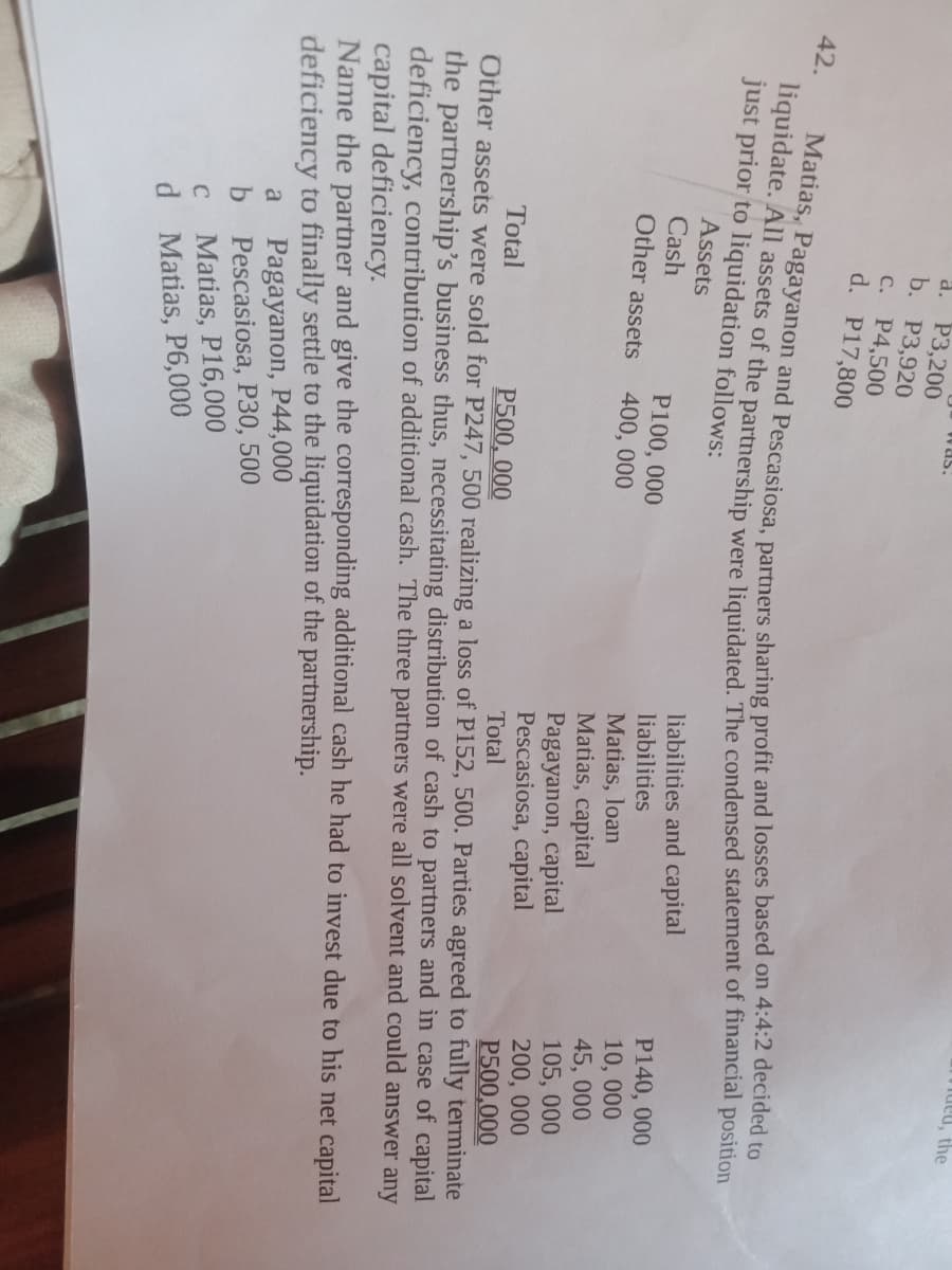 Ideu, the
d. P3,200
b. Р3,920
C.
P4,500
d. P17,800
42.
liquidate. All assets of the partnership
just prior to liquidation follows:
were liquidated. The condemsed statement of financial position
Assets
Cash
Other assets
liabilities and capital
P140, 000
10, 000
45, 000
105, 000
200, 000
P500,000
P100, 000
liabilities
Matias, loan
Matias, capital
Pagayanon, capital
Pescasiosa, capital
Total
400, 000
Total
P500, 000
Other assets were sold for P247, 500 realizing a loss of P152, 500. Parties agreed to fully terminate
the partnership's business thus, necessitating distribution of cash to partners and in case of capital
deficiency, contribution of additional cash. The three partners were all solvent and could answer any
capital deficiency.
Name the partner and give the corresponding additional cash he had to invest due to his net capital
deficiency to finally settle to the liquidation of the partnership.
Pagayanon, P44,000
b Pescasiosa, P30, 500
Matias, P16,000
Matias, P6,000
a
C
