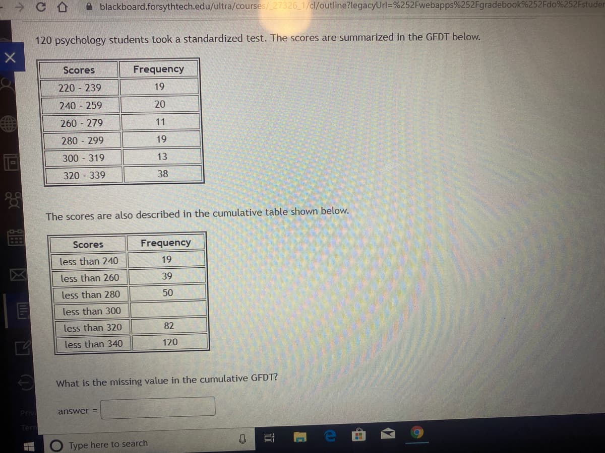 A blackboard.forsythtech.edu/ultra/courses/_27326 1/cl/outline?legacyUrl=%252Fwebapps%252Fgradebook%252Fdo%252Fstuder
120 psychology students took a standardized test. The scores are summarized in the GFDT below.
Scores
Frequency
220 239
19
240 259
20
260 279
11
280 299
19
300 - 319
13
320 339
38
The scores are also described in the cumulative table shown below.
Scores
Frequency
less than 240
19
区
less than 260
39
less than 280
50
less than 300
less than 320
82
less than 340
120
What is the missing value in the cumulative GFDT?
Priv
answer =
Tern
Type here to search
U UL
