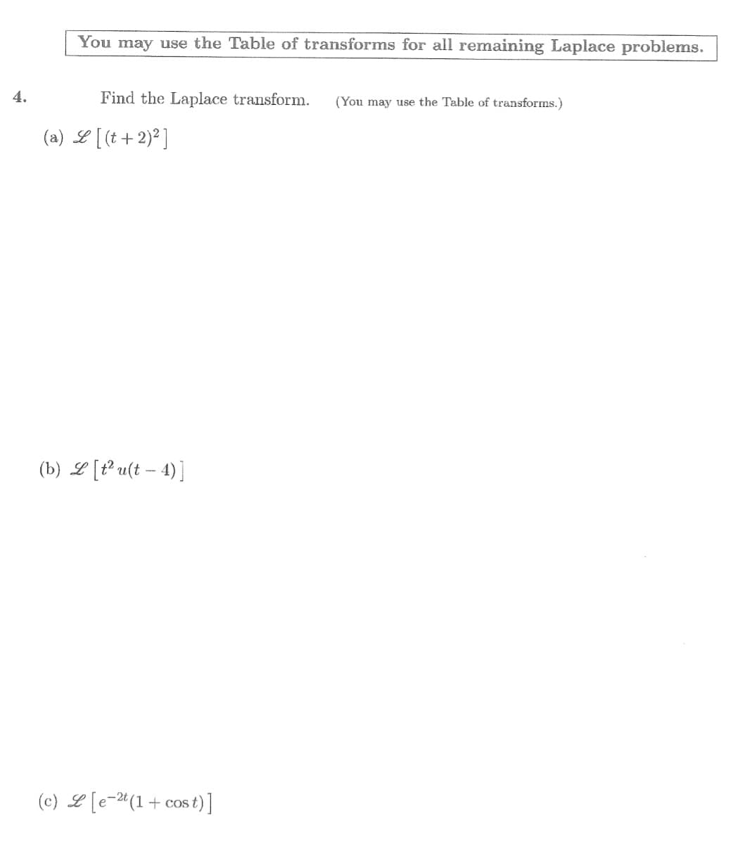 Find the Laplace transform.
(You may use the Table of transforms.)
(a) L [(t + 2)* ]
