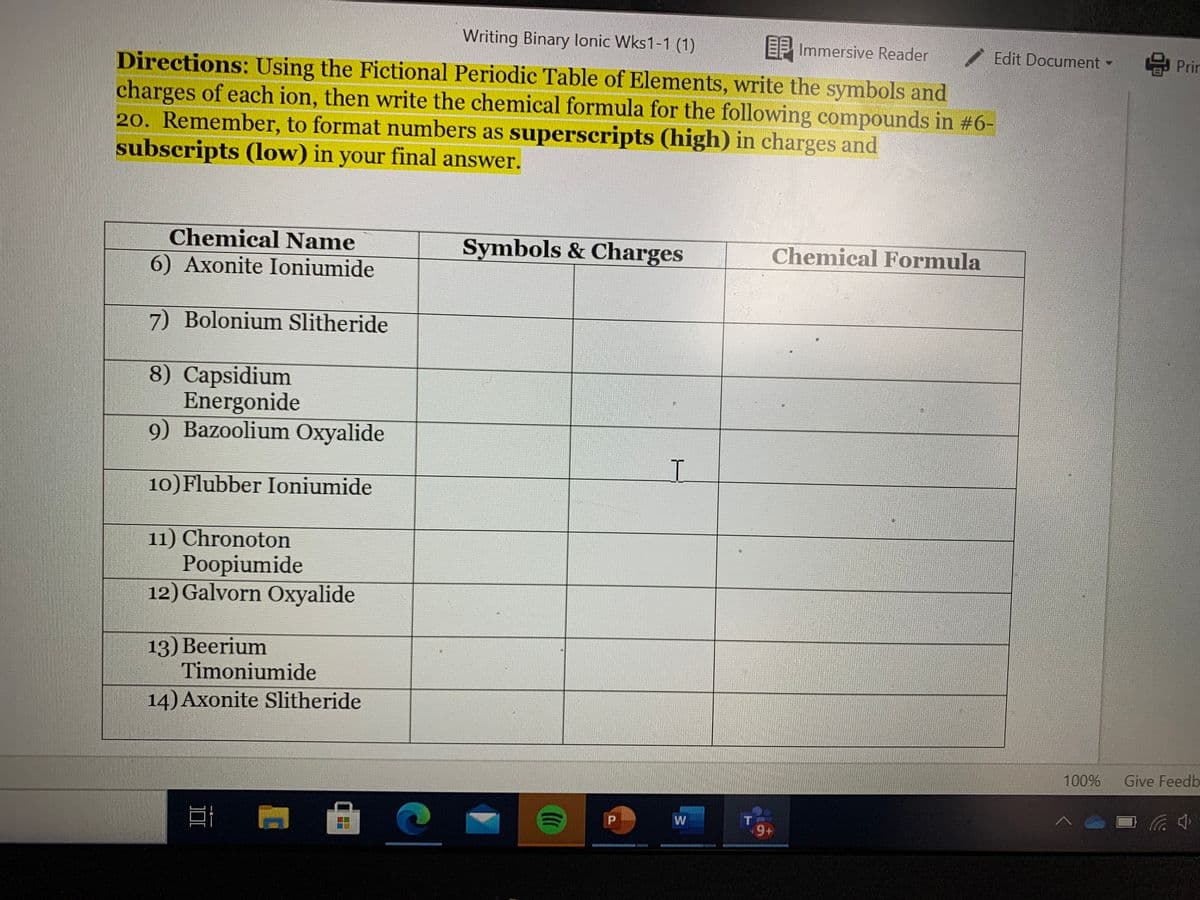 Writing Binary lonic Wks1-1 (1)
EP Immersive Reader
Edit Document -
남 Prir
Directions: Using the Fictional Periodic Table of Elements, write the symbols and
charges of each ion, then write the chemical formula for the following compounds in #6-
20. Remember, to format numbers as superscripts (high) in charges and
subscripts (low) in your final answer.
Chemical Name
Symbols & Charges
Chemical Formula
6) Axonite Ioniumide
7) Bolonium Slitheride
8) Capsidium
Energonide
9) Bazoolium Oxyalide
10)Flubber Ioniumide
11) Chronoton
Poopiumide
12) Galvorn Oxyalide
13) Beerium
Timoniumide
14) Axonite Slitheride
100%
Give Feedb
W
