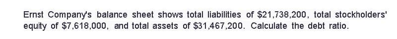 Ernst Company's balance sheet shows total liabilities of $21,738,200, total stockholders'
equity of $7,618,000, and total assets of $31,467,200. Calculate the debt ratio.