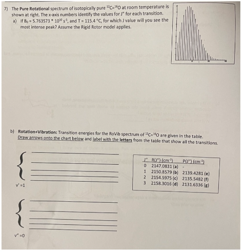 7) The Pure Rotational spectrum of isotopically pure "C="0 at room temperature is
shown at right. The x-axis numbers identify the values for J" for each transition.
a) If Bo= 5.763573 100 s¹, and T - 115.4 °C, for which J value will you see the
most intense peak? Assume the Rigid Rotor model applies.
b) Rotation Vibration: Transition energies for the Rovib spectrum of "C-10 are given in the table.
Draw arrows onto the chart below and label with the letters from the table that show all the transitions.
v' =1
V" =0
JRJ")(cm¹)
0 2147.0831 (a)
1 2150.8579 (b)
2 2154.5975 (c)
3 2158.3016 (d)
P(J") (cm)
-
2139.4281 (e)
2135.5482 (f)
2131.6336 (g)
