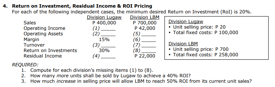 4. Return on Investment, Residual Income & ROI Pricing
For each of the following independent cases, the minimum desired Return on Investment (ROI) is 20%.
Division LBM
P 700,000
P 42,000
(5)
(6)
(7).
(8)
P 22,000
Sales
Operating Income
Operating Assets
Margin
Turnover
Return on Investments
Residual Income
Division Lugaw
P 400,000
(1).
(2)
15%
(3).
30%
(4).
Division Lugaw
Unit selling price: P 20
Total fixed costs: P 100,000
Division LBM
• Unit selling price: P 700
Total fixed costs: P 258,000
REQUIRED:
1. Compute for each division's missing items (1) to (8).
2. How many more units shall be sold by Lugaw to achieve a 40% ROI?
3. How much increase in selling price will allow LBM to reach 50% ROI from its current unit sales?